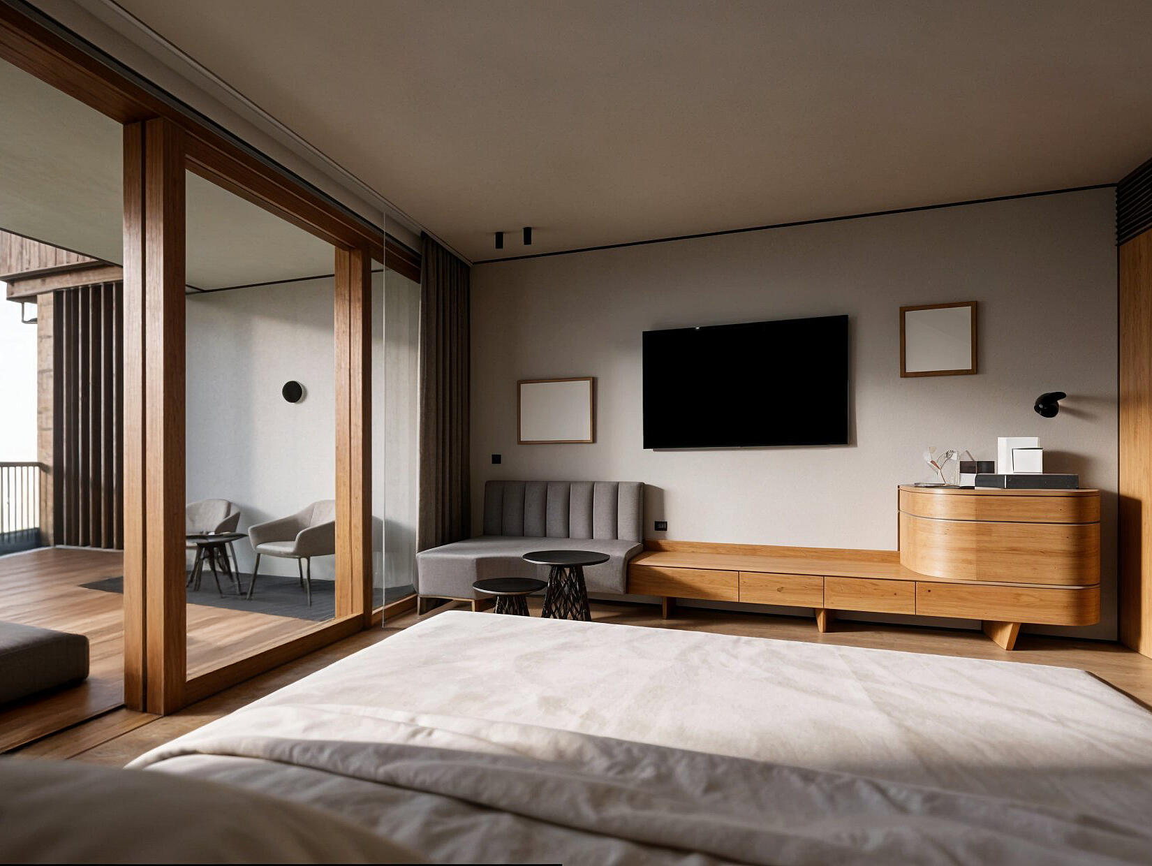 3D-Rendering einer Zimmeransicht mit Bett, Sideboard, Fernseher und Holzelementen