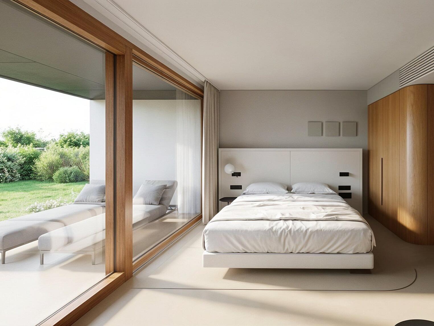 3D-Rendering eines modernen Doppelzimmer mit großem Bett, Sitzbereich und direktem Zugang zur Gartenterrasse