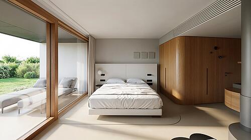 3D-Rendering eines modernen Doppelzimmer mit großem Bett, Sitzbereich und direktem Zugang zur Gartenterrasse