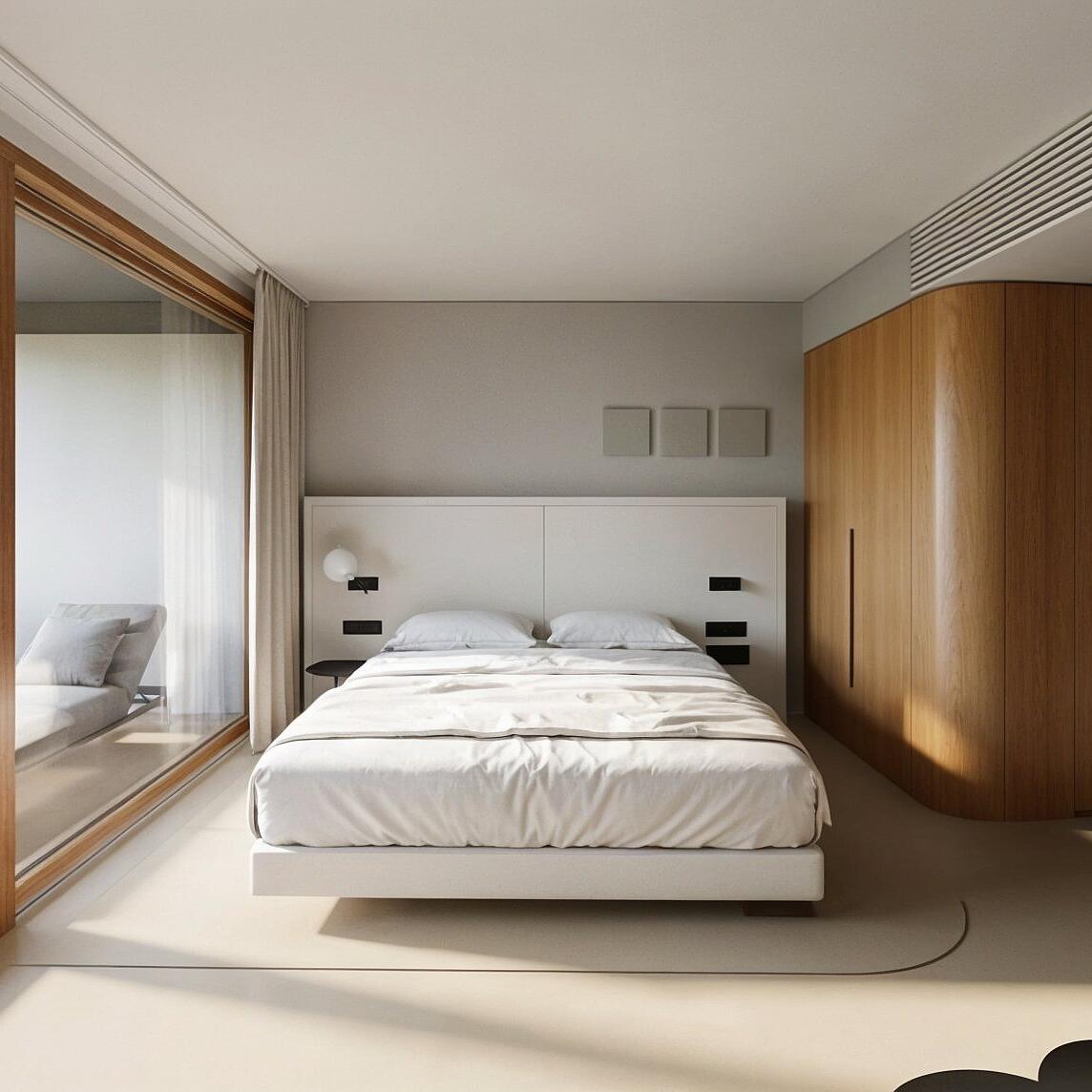 3D-Rendering eines modernen Doppelzimmer mit großem Bett, Sitzbereich und direktem Zugang zur Gartenterrasse