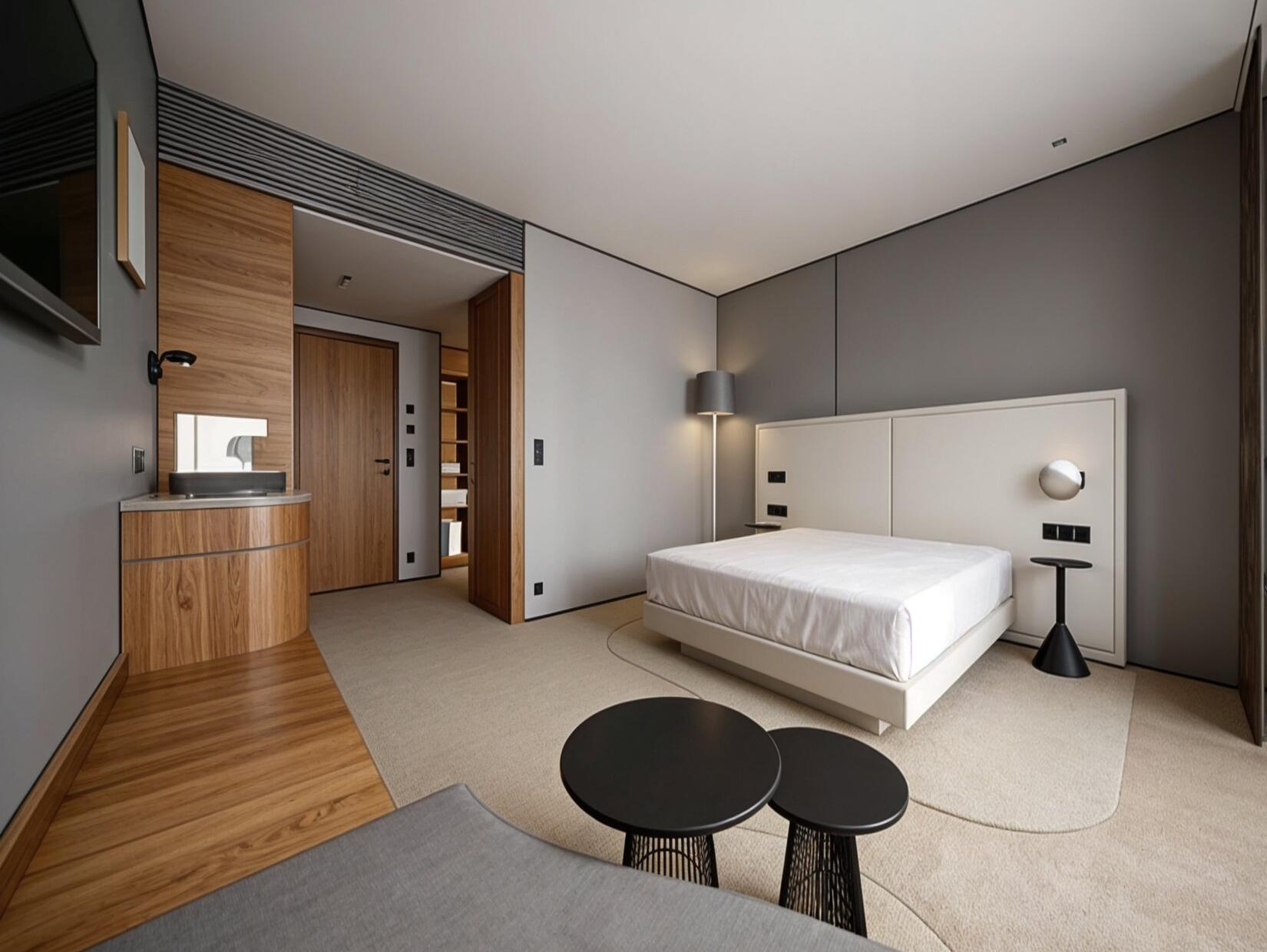 3D-Rendering eines modernen Doppelzimmer mit großem Bett, Holzboden und klarer Linienführung