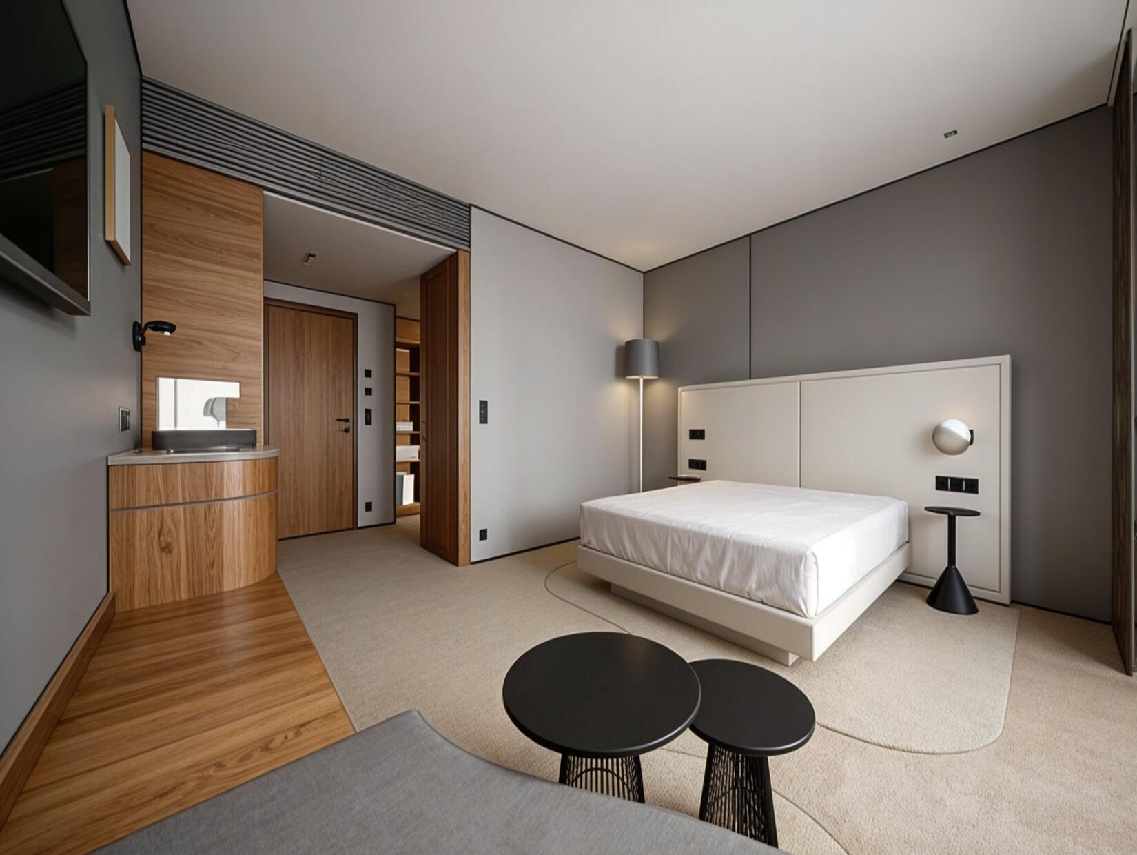 3D-Rendering eines modernen Doppelzimmer mit großem Bett, Holzboden und klarer Linienführung