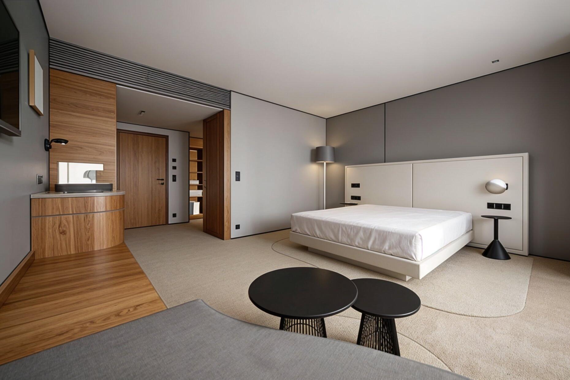 3D-Rendering eines modernen Doppelzimmer mit großem Bett, Holzboden und klarer Linienführung