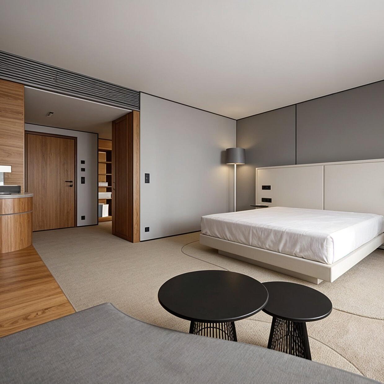 3D-Rendering eines modernen Doppelzimmer mit großem Bett, Holzboden und klarer Linienführung