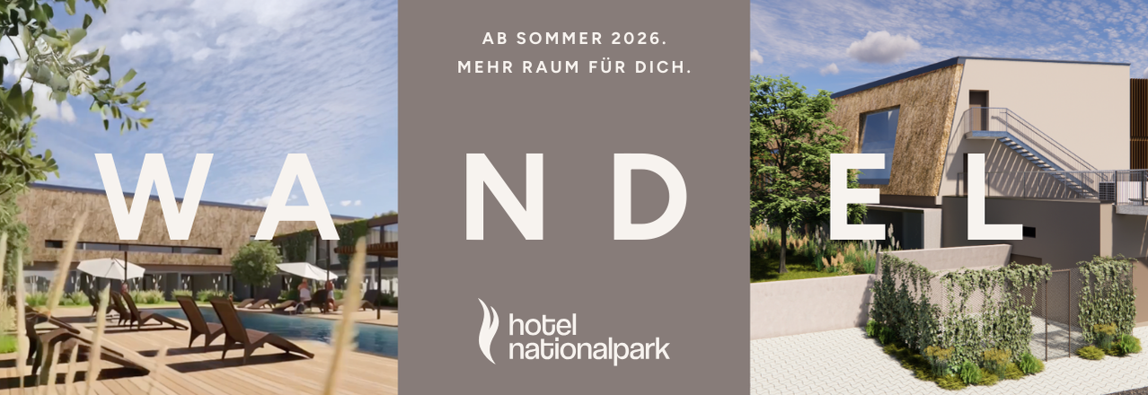 Visualisierung der Erweiterung des Hotel Nationalpark mit Poolbereich und neuem Gebäudeteil, Text Ankündigung Ab Sommer 2026 mehr Raum für dich
