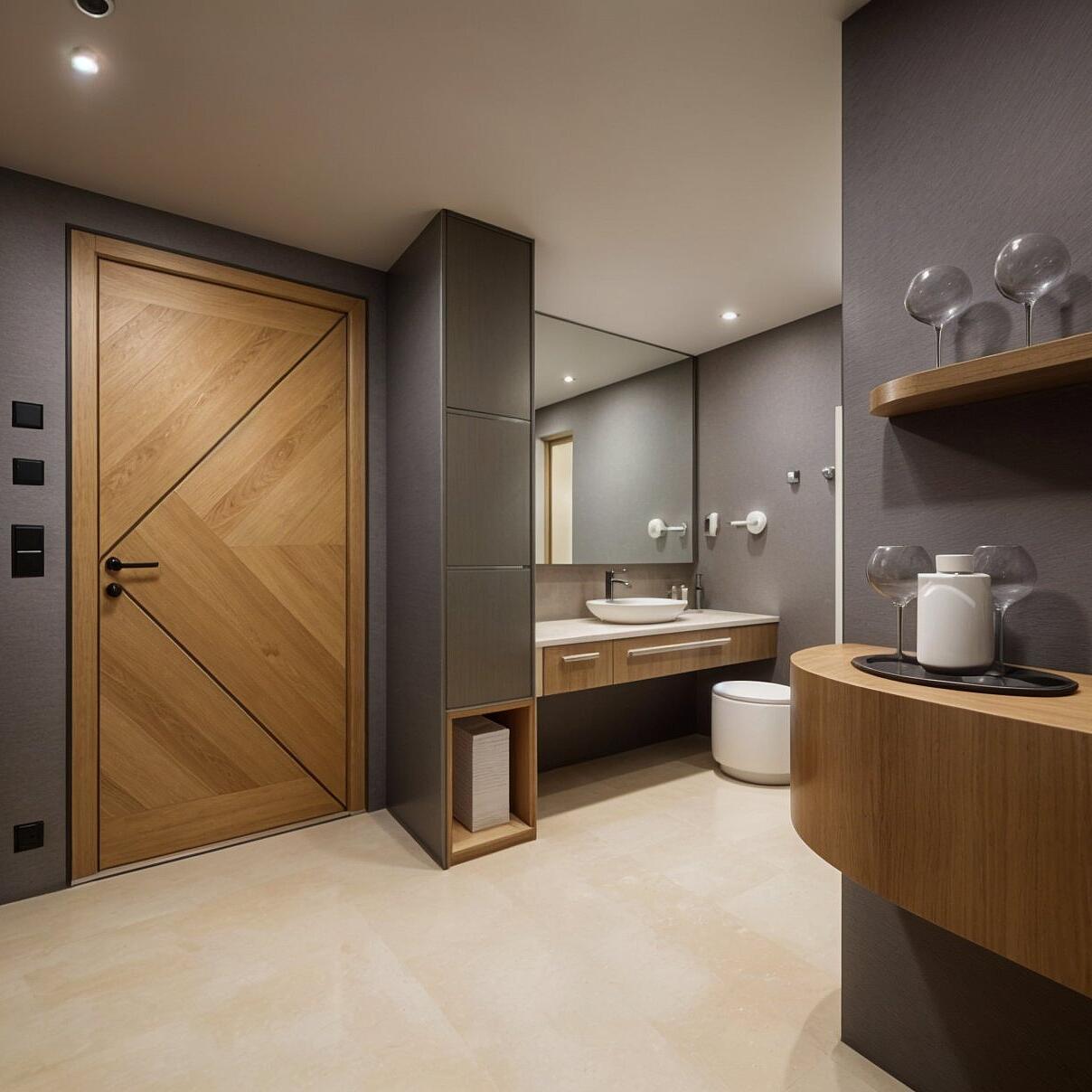 3D-Rendering eines modernen Eingangsbereich mit Garderobe, Stauraum und Holzdetails