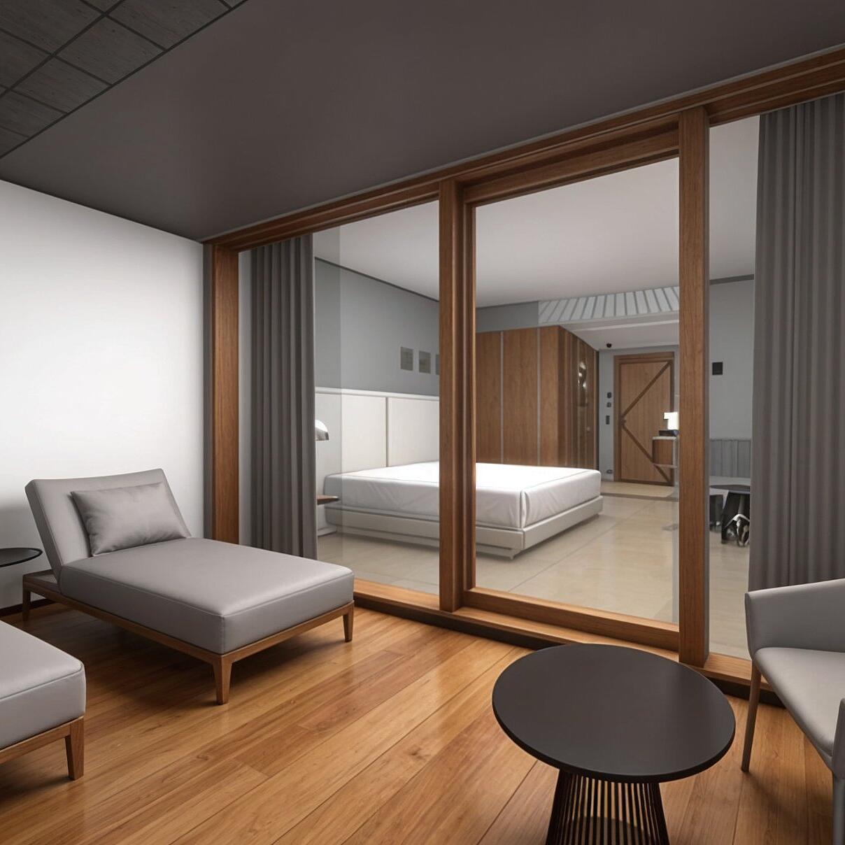 3D-Rendering eines modernen Zimmer mit Sitzbereich, großem Bett und Zugang zur Gartenterrasse