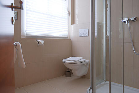 Modernes Badezimmer mit Dusche, WC und Haltegriffen