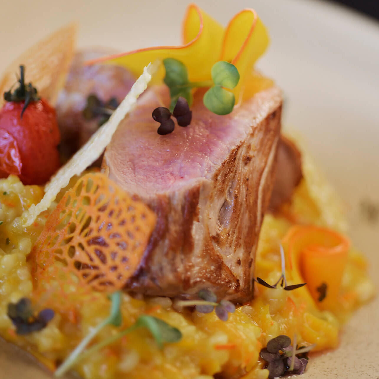 Nahaufnahme eines angerichteten Gerichts: rosig gebratenes Fleischstück auf gelbem Risotto mit Tomate, Gemüserollen und Kräutern.