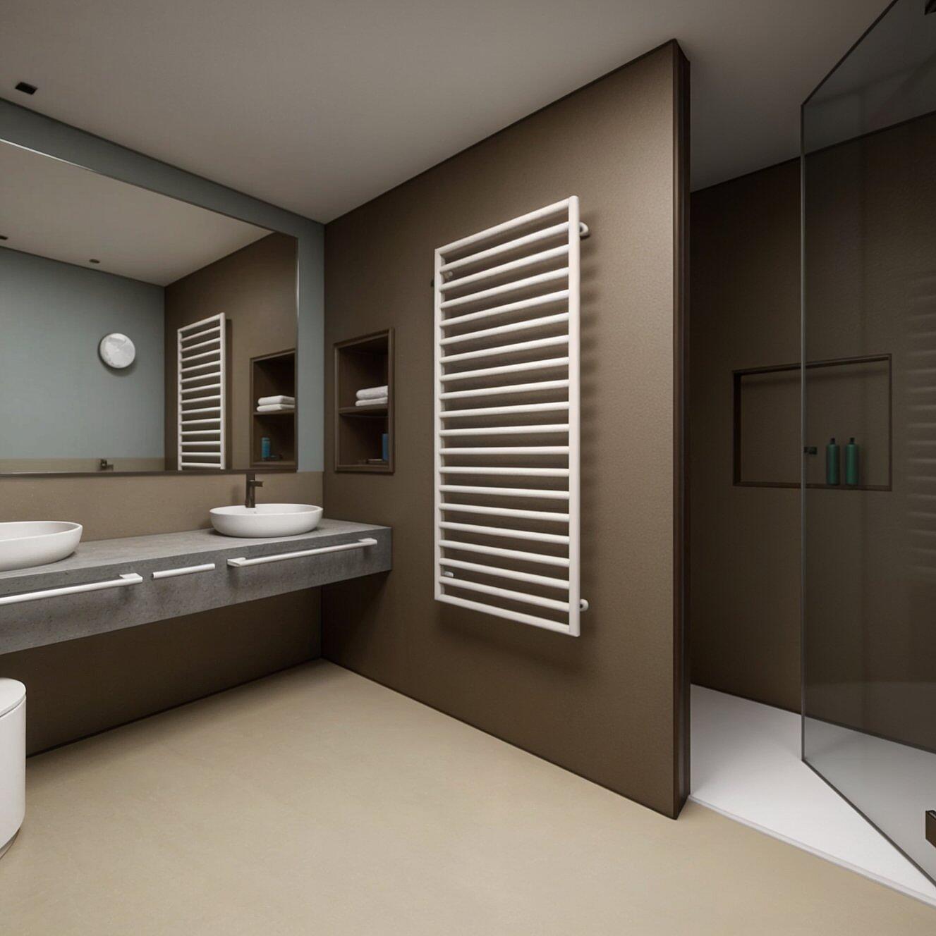 3D-Rendering eines großzügigen Badezimmer mit Doppelwaschbecken, Dusche und WC