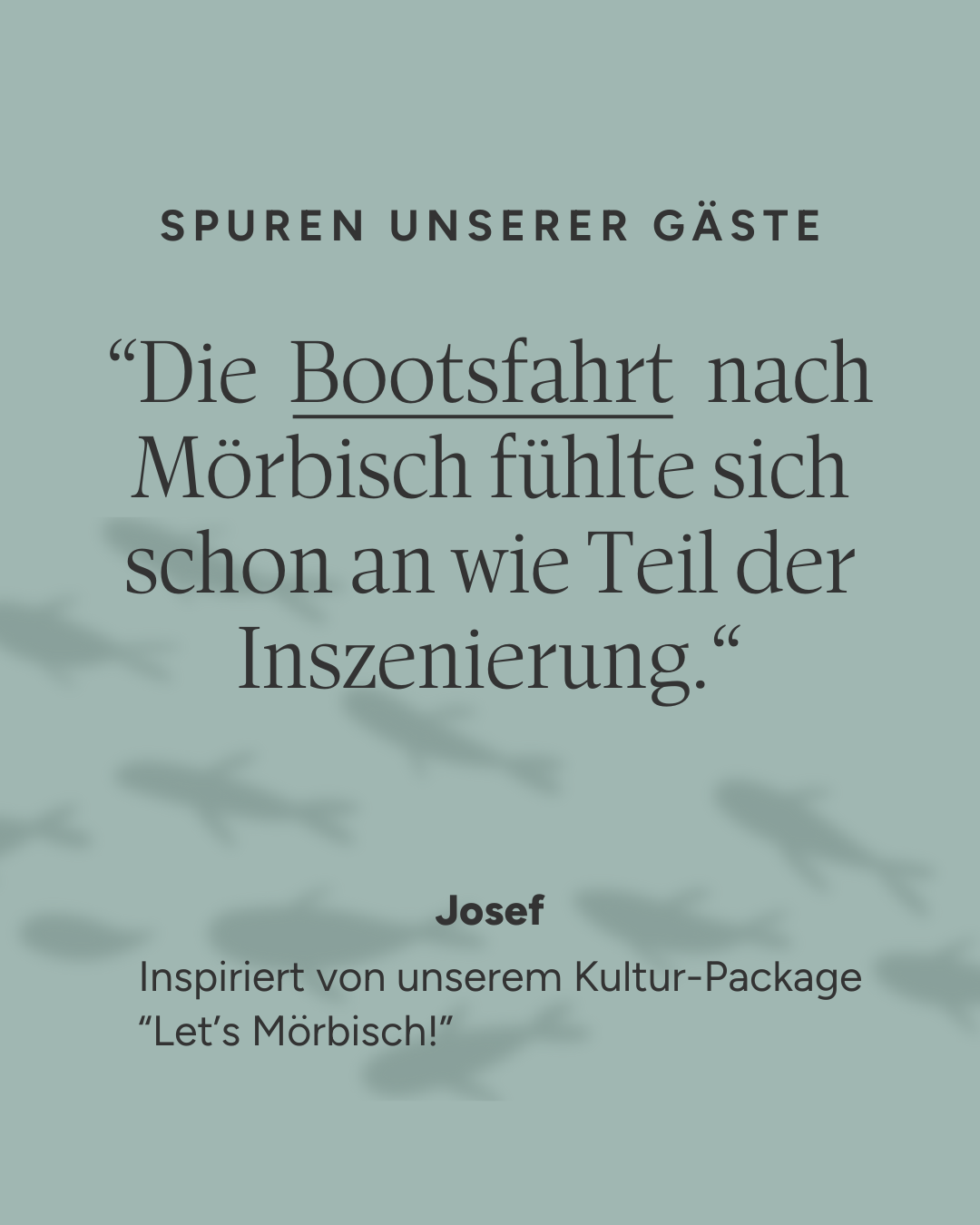 Zitat zur Bootsfahrt nach Mörbisch auf ruhigem, grünlichem Hintergrund mit Vogel-Silhouetten.